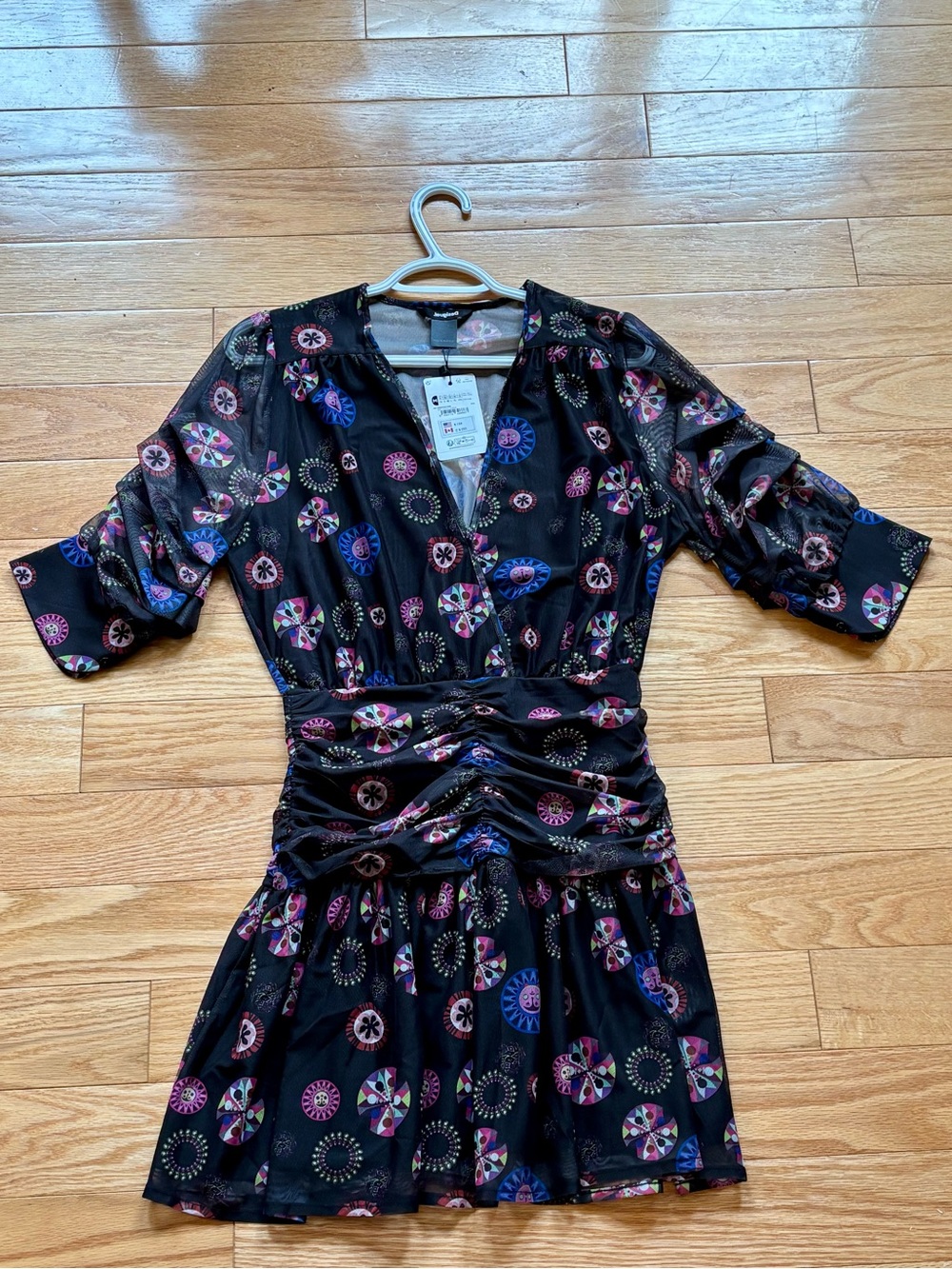 Desigual Black Mini Dress with Pink, Purple & Blue Medallion Print